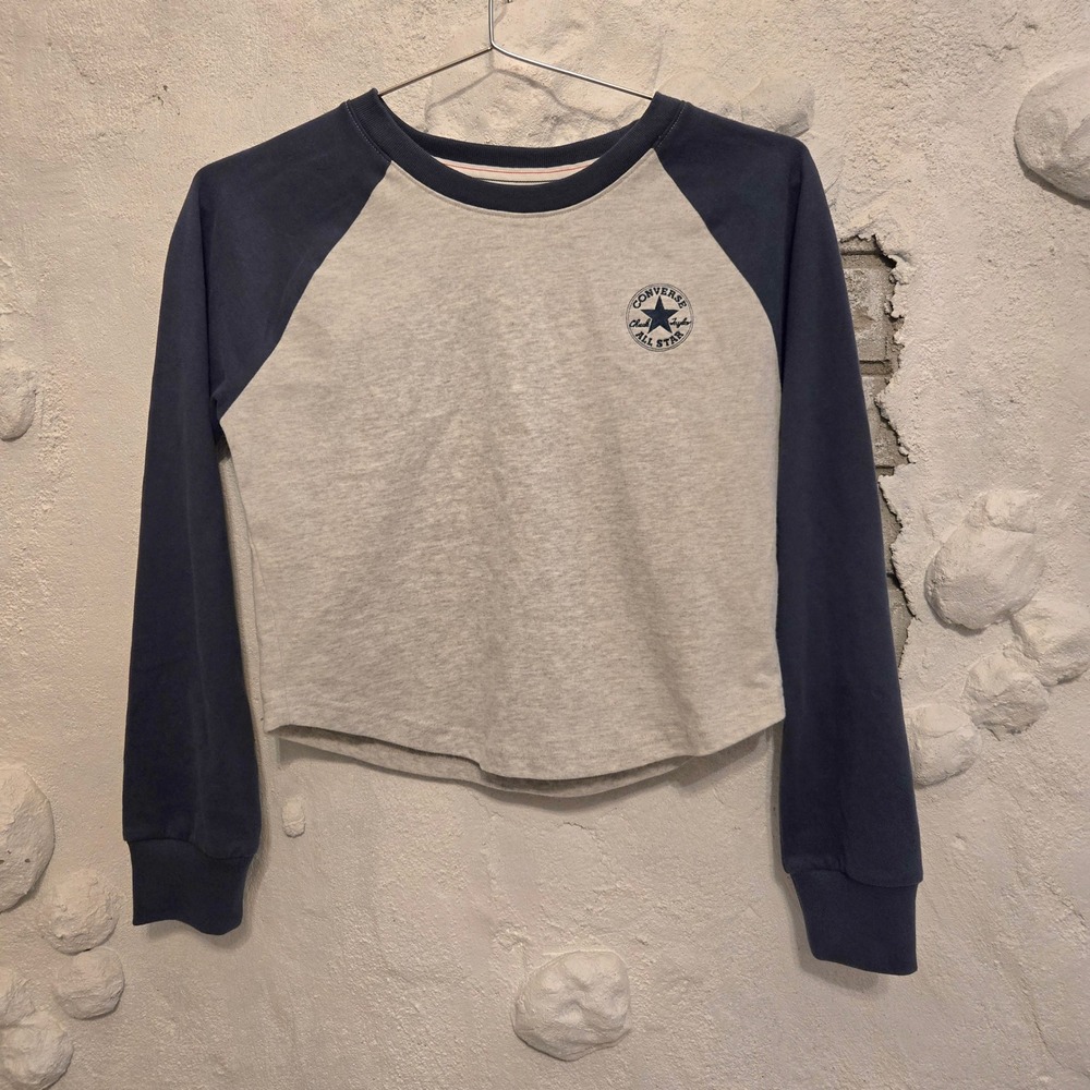 NWT Converse Chuck Taylor All Star Raglan Cropped Sweatshirt Grey Navy XS
